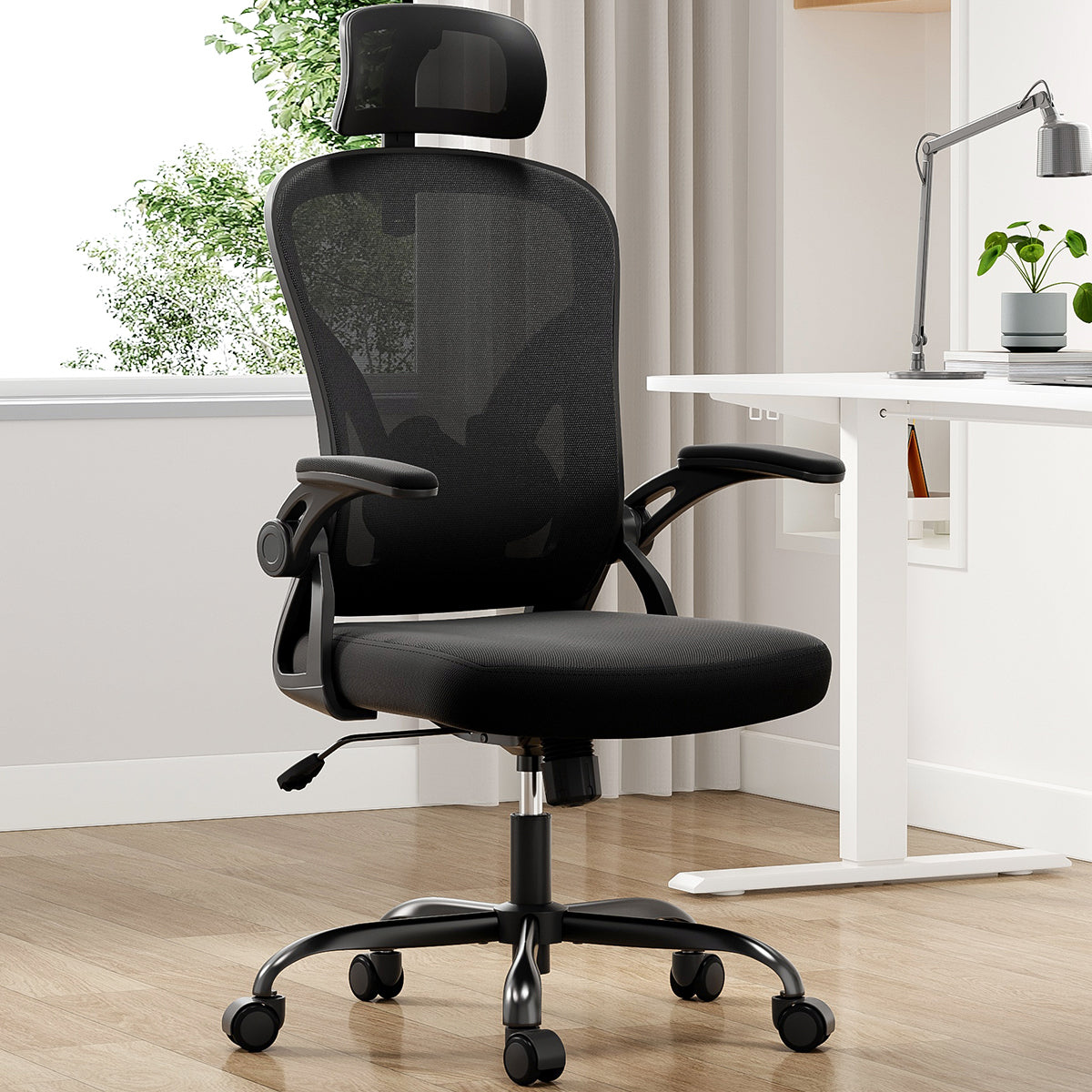 Black Mesh Office Chair, Lumbar Support, 56.7 in Tall