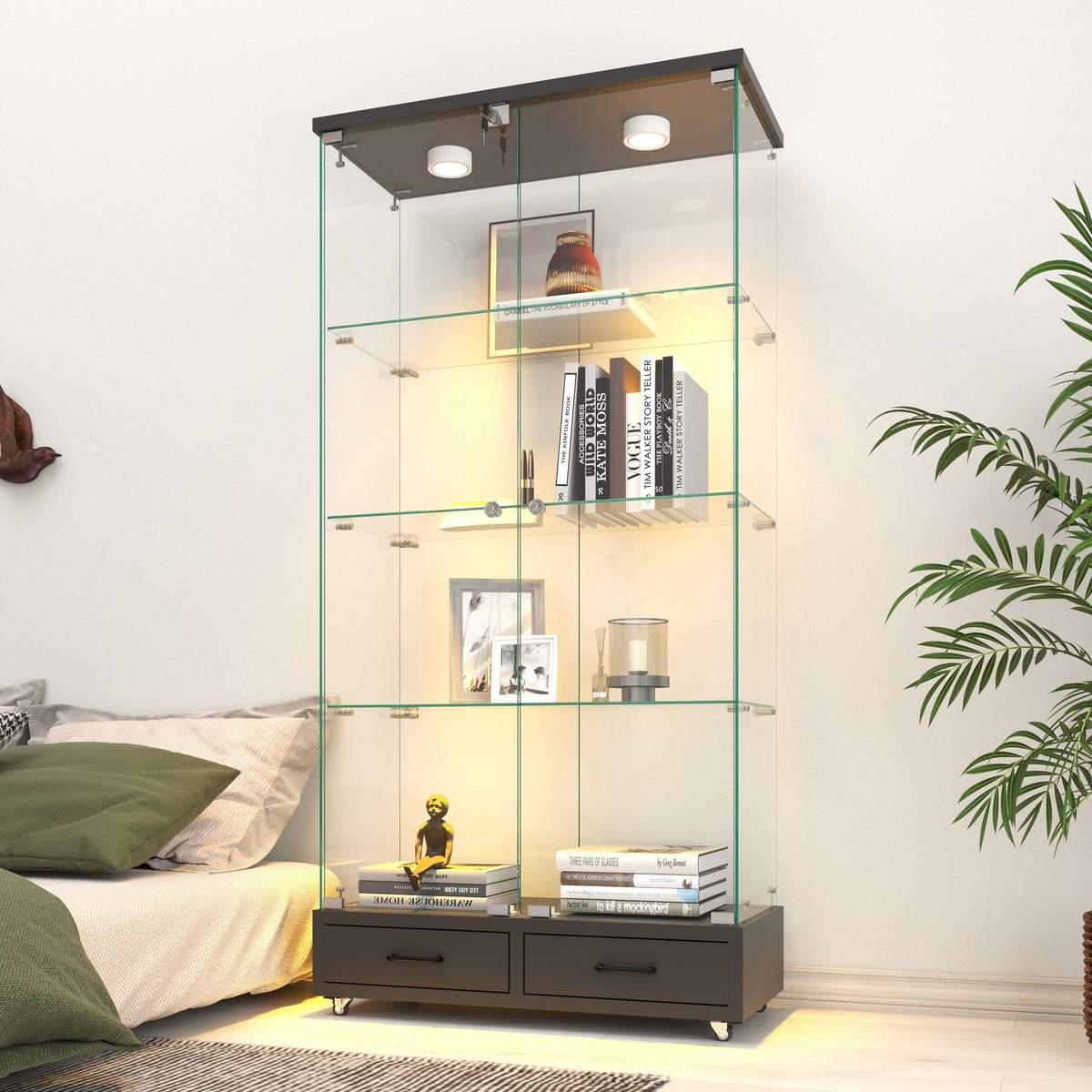 Modern Bookcase, Glass Shelves, 2 Doors, LED Lighting, 65.8 in Tall, Black