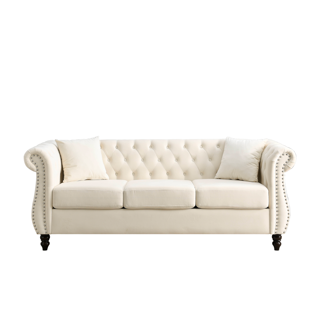 Beige Velvet 3-Seat Tufted Chesterfield Sofa