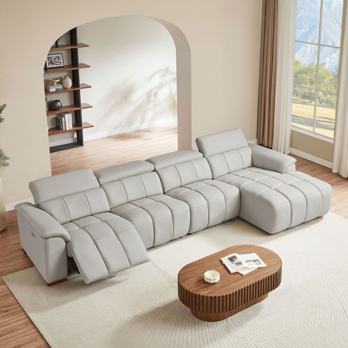Light Gray Genuine Leather Reclining Sectional, 144.9 in, Right-Facing