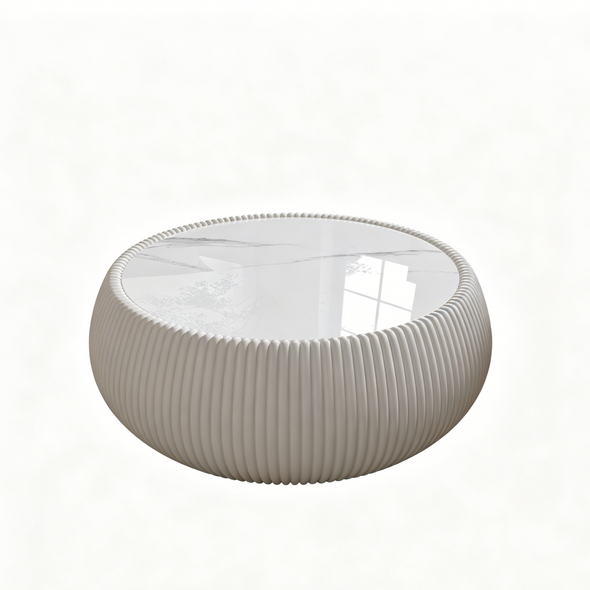 Cream Sintered Stone Fluted Drum Coffee Table, 27.6 in