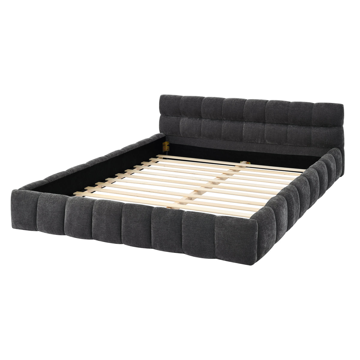 Dark grey chenille channel-tufted platform bed frame, angled view on white with slats