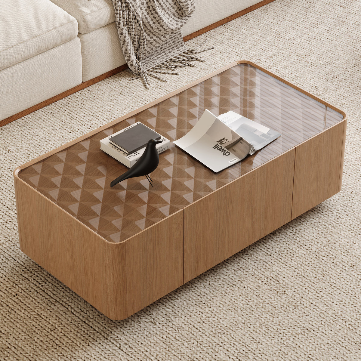 Natural Glass-Top Rectangular Coffee Table with Storage, 46.8 in