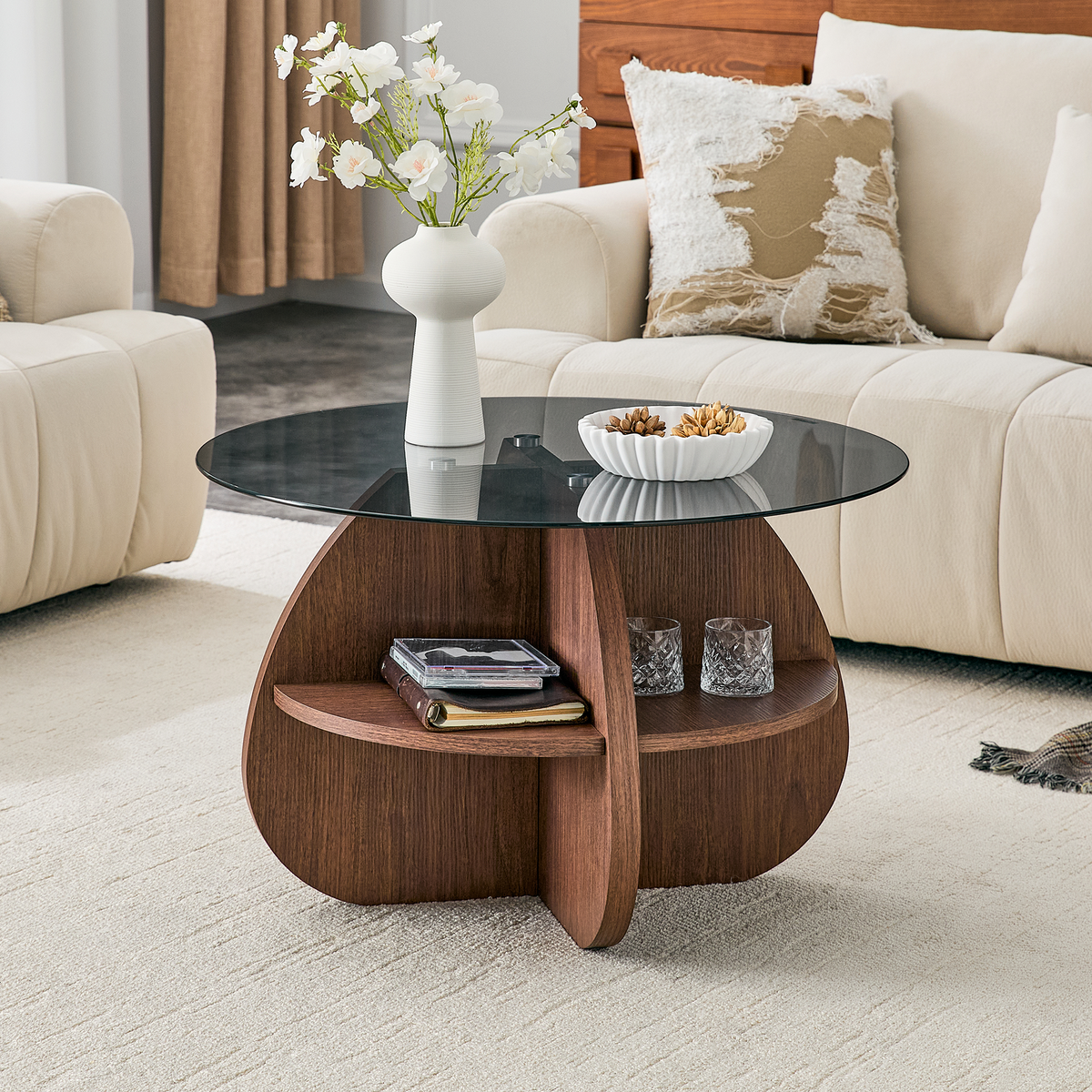 Walnut Glass-Top Round Cross-Base Coffee Table with Storage, 29.5 in