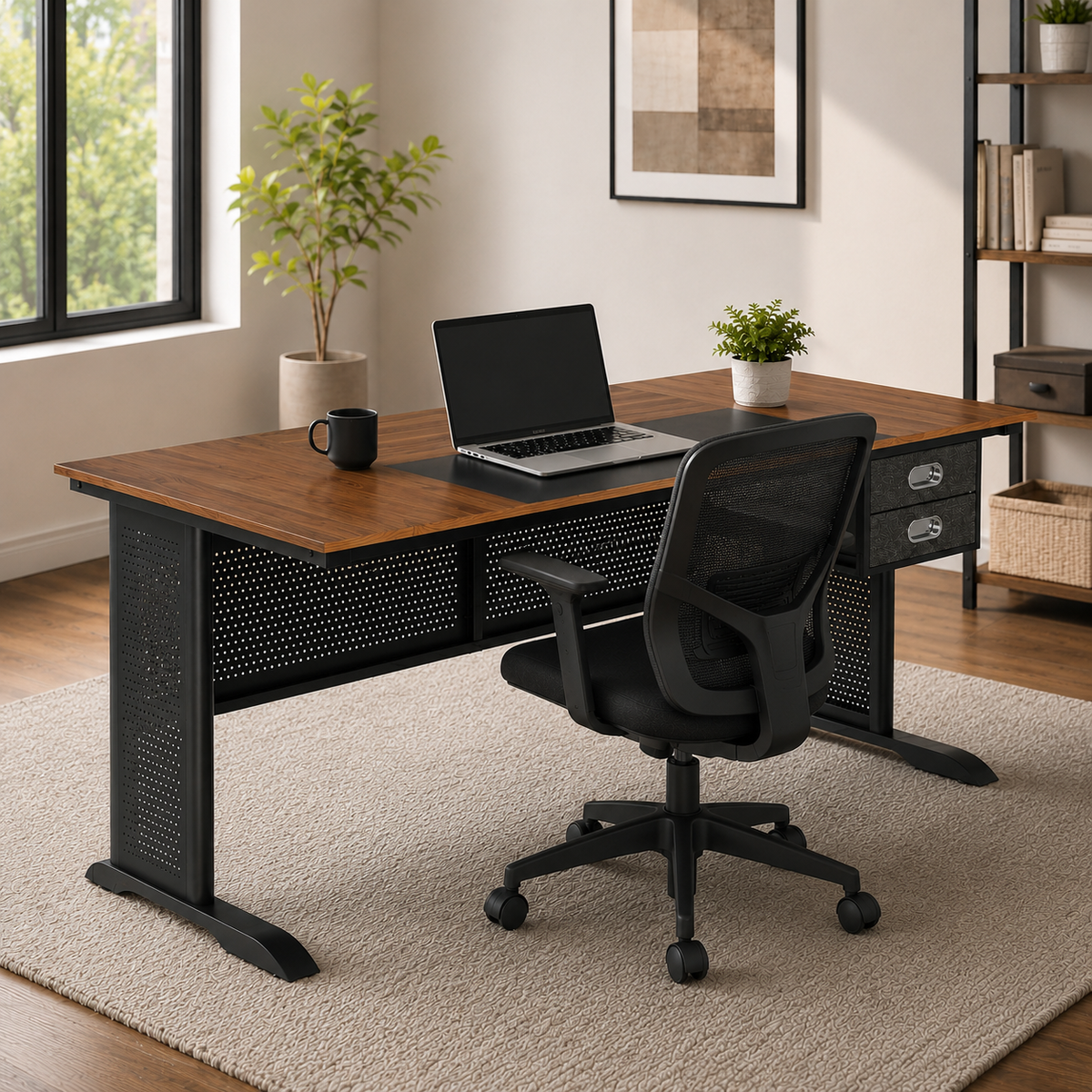 Modern Computer Desk, 2 Drawers, 63 in, Black