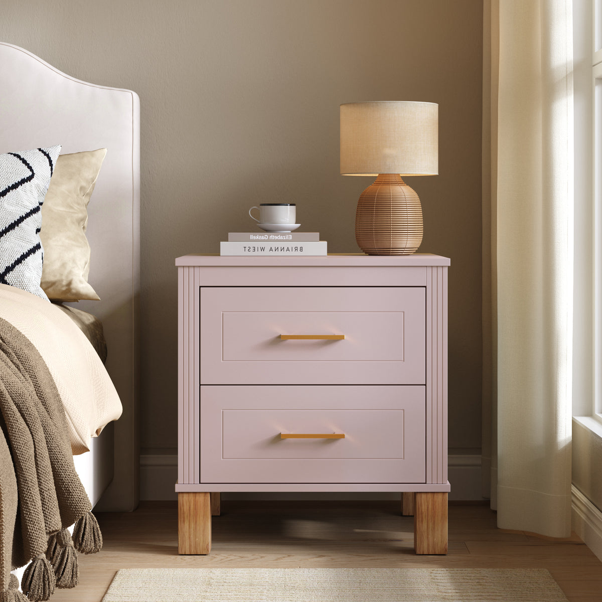 Pink Fluted Mid-Century 2-Drawer Nightstand with Wood Legs