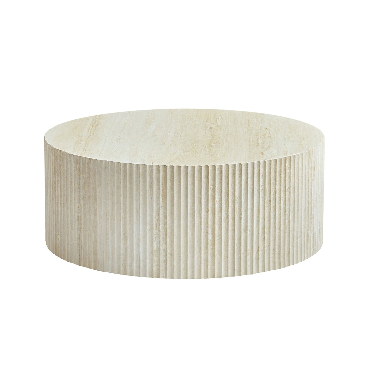 Beige Travertine-Look Fluted Round Drum Coffee Table, 35.4 in