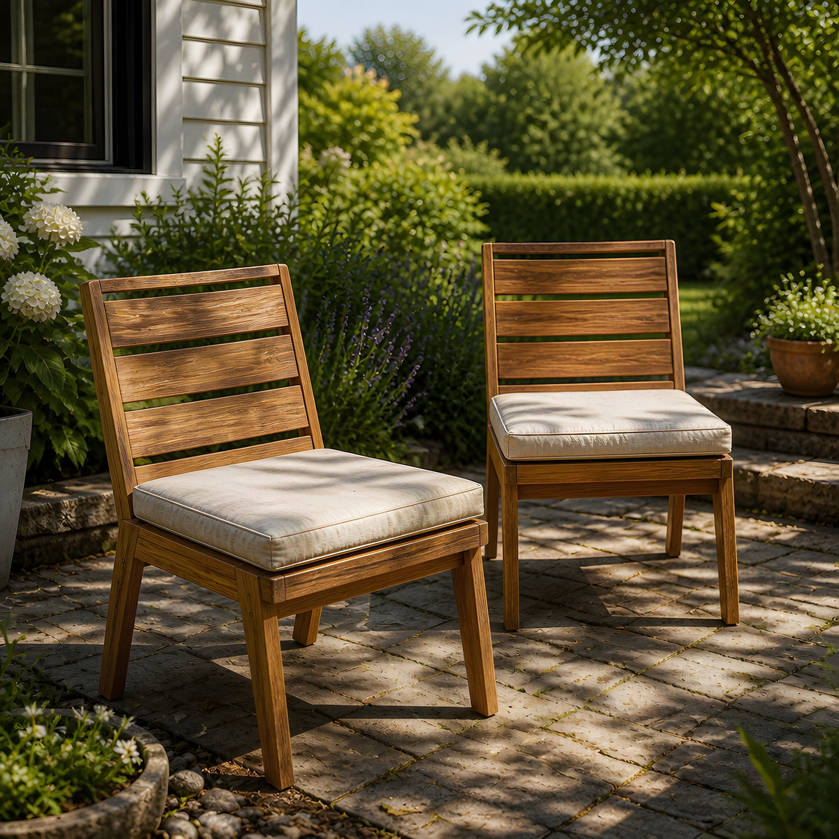 Teak Finish Solid Wood Outdoor Dining Chair, Set of 2, 31.1 in Tall