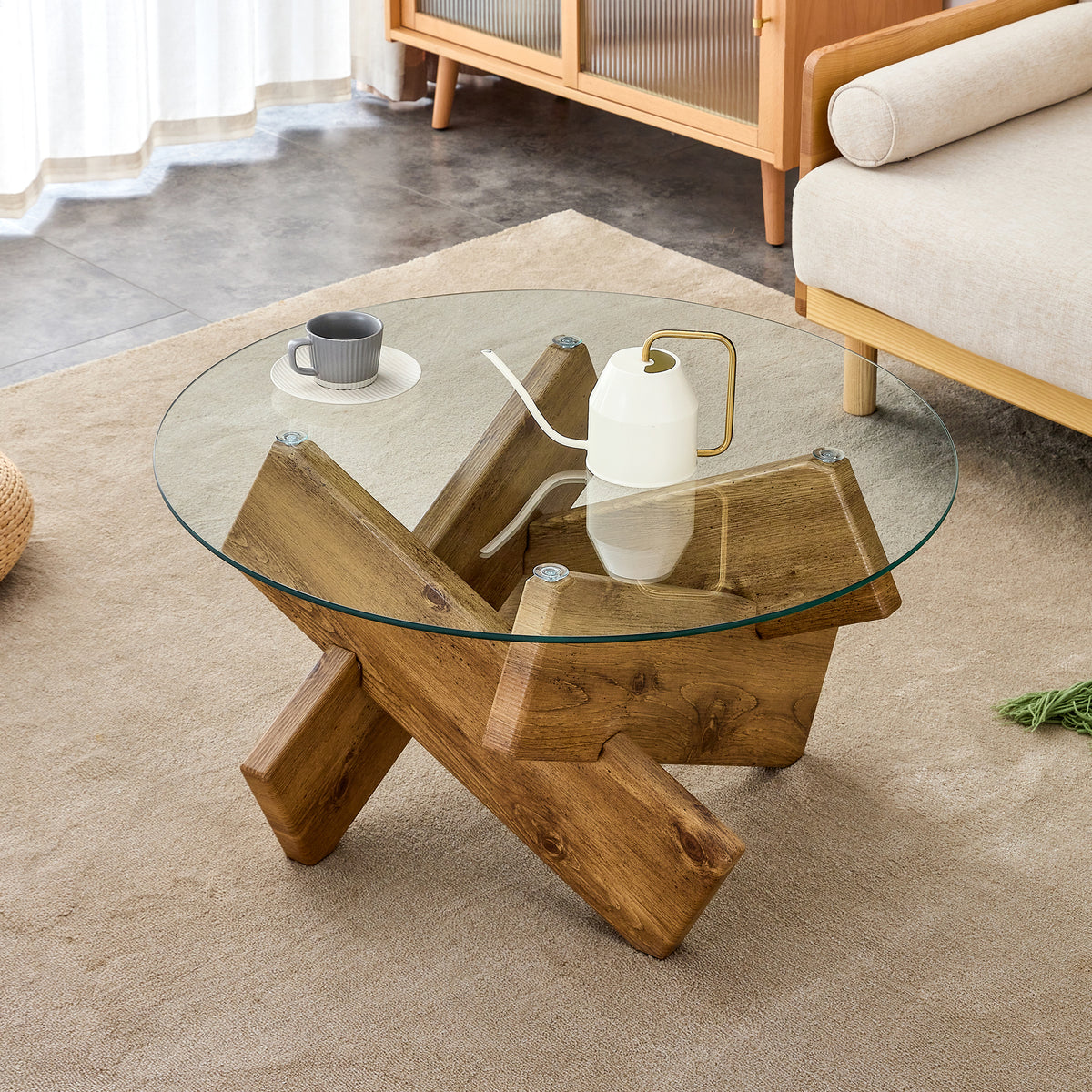Natural Sculptural Round Glass-Top Coffee Table, 33.4 in