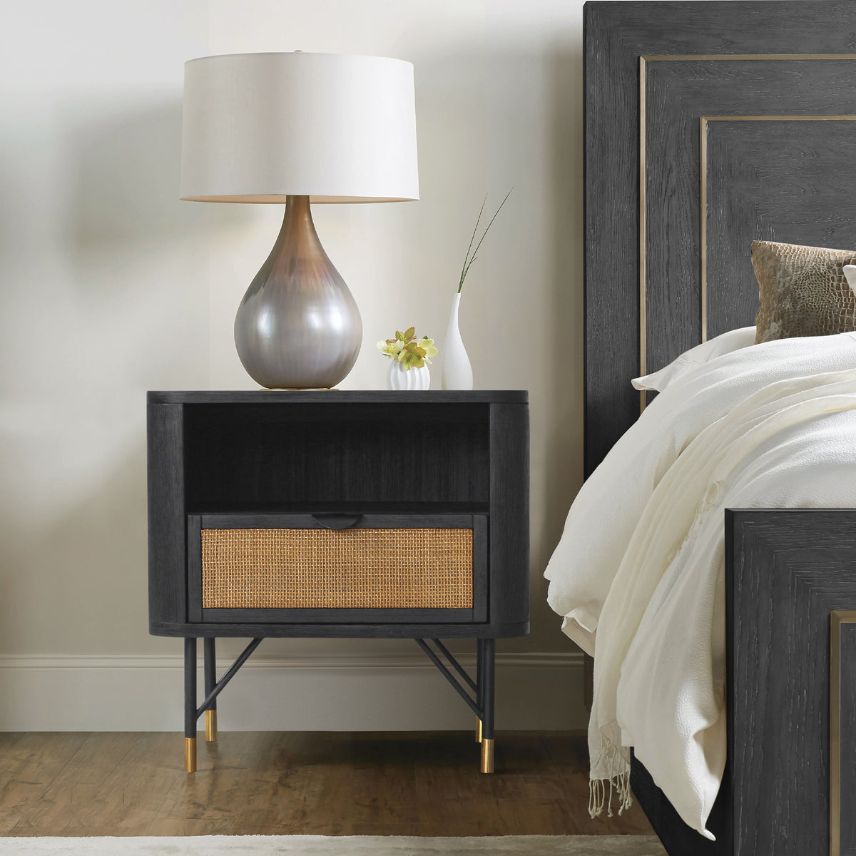 Rattan Nightstand with Open Shelf, Black Wood and Metal