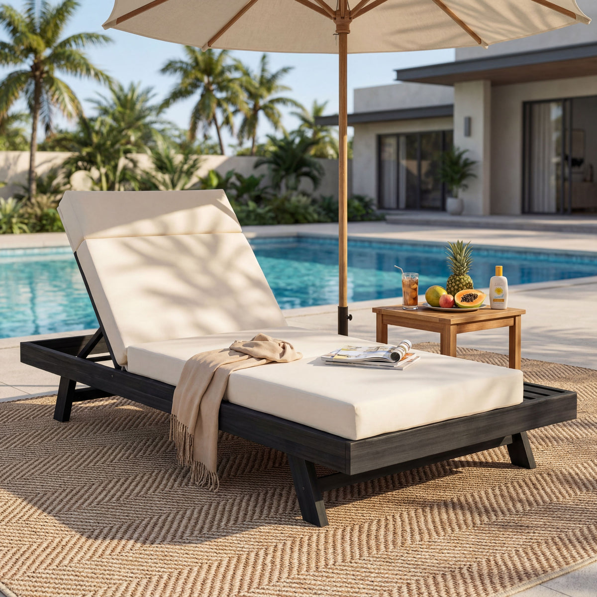 Black Solid Wood Outdoor Chaise Lounge, Cream Cushion, 3-Fold Cushion