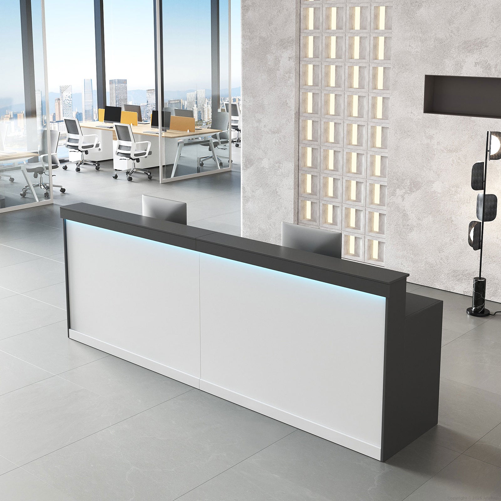 Modern Reception Desk, LED Lighting, 86.6 in, Gray