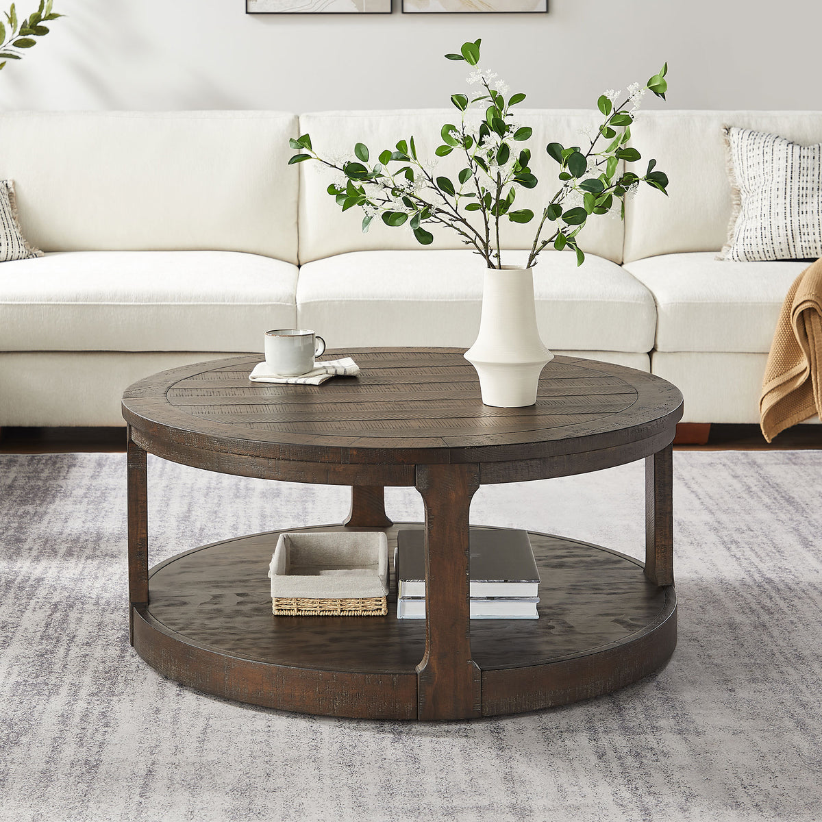 Dark Brown Rustic Round Coffee Table with Shelf, 40 in