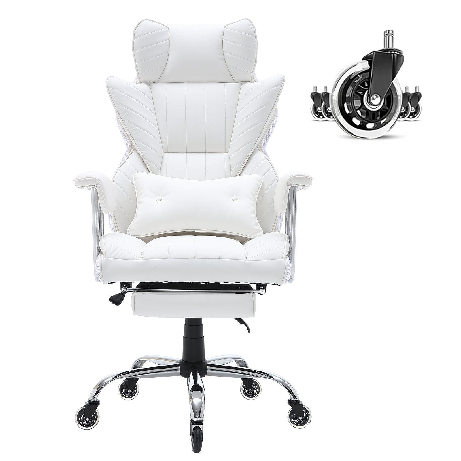 White Vegan Leather Office Chair, Footrest, Reclining, 350 lb