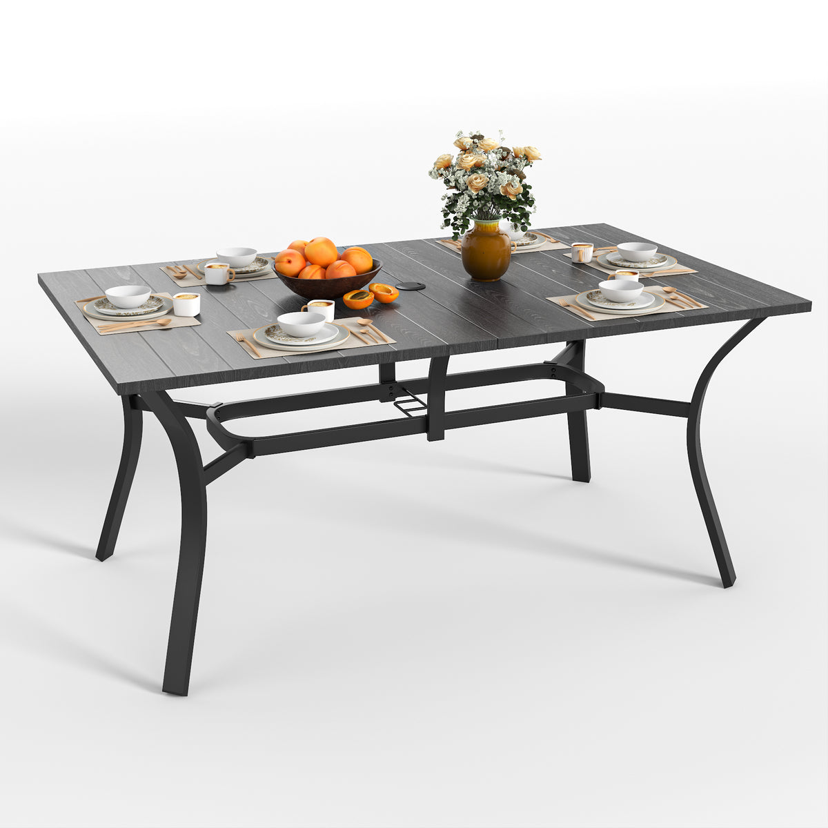 Black Metal Rectangular Outdoor Dining Table with Umbrella Hole