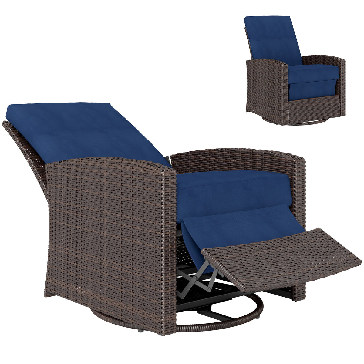 Brown Wicker Outdoor Swivel Chair, Blue Cushions