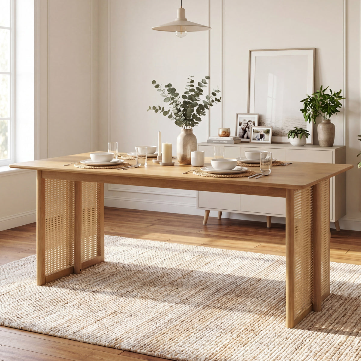 Solid wood dining table with cane legs staged with eucalyptus and a sideboard in a bright room
