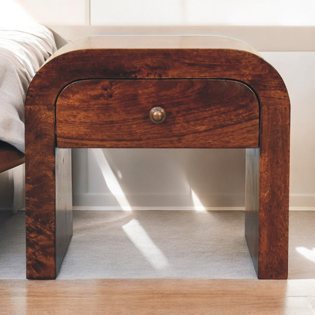 Walnut Solid Mango Wood Curved Waterfall 1-Drawer Nightstand