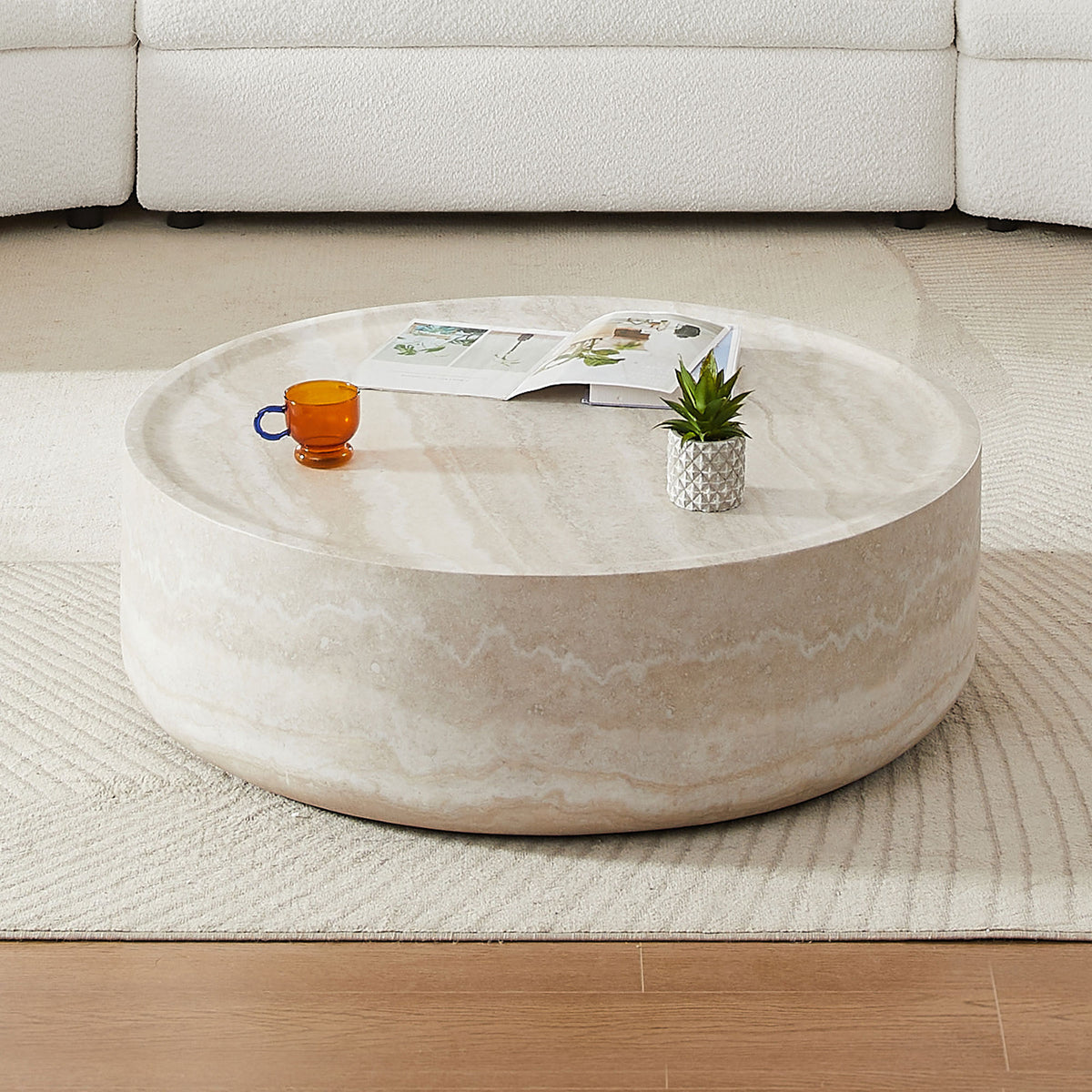 Beige Fiberglass Travertine-Look Round Drum Coffee Table, 31.5 in