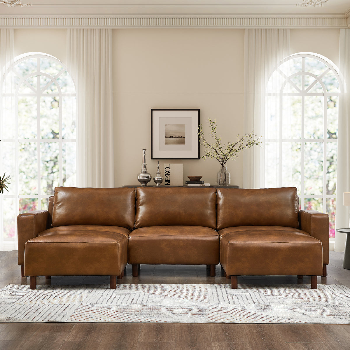 Brown Vegan Leather U-Shaped Sectional with 2 Ottomans, 112 in Wide