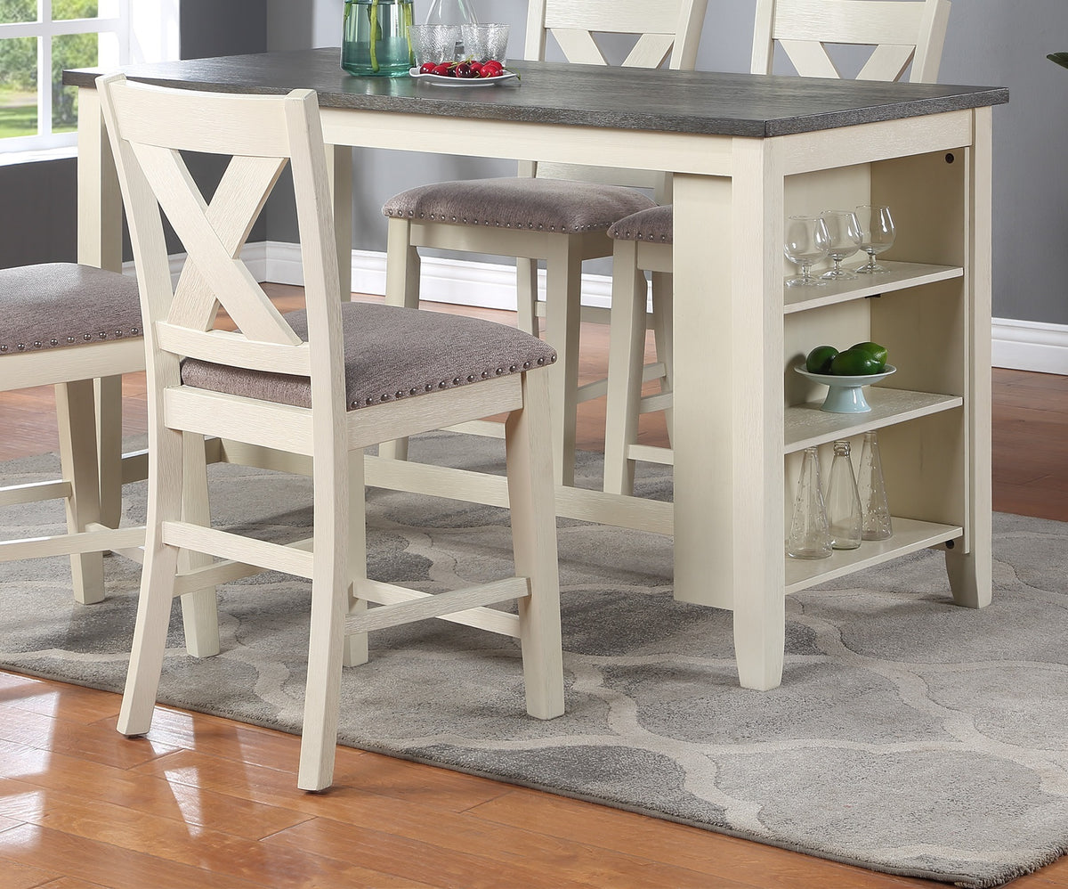 Counter Height Dining Table with Storage Shelves, Off-White and Grey