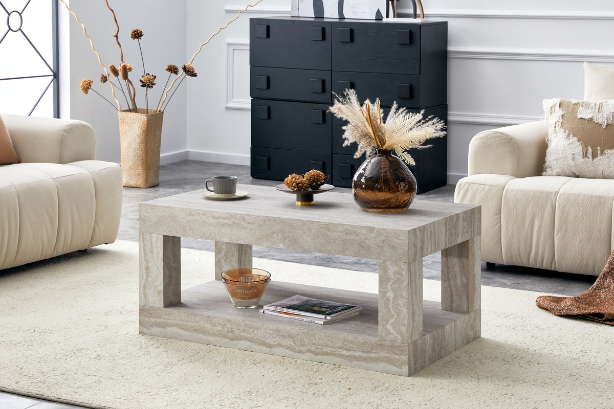 Beige Travertine-Look Chunky Rectangular Coffee Table with Shelf, 39.5 in