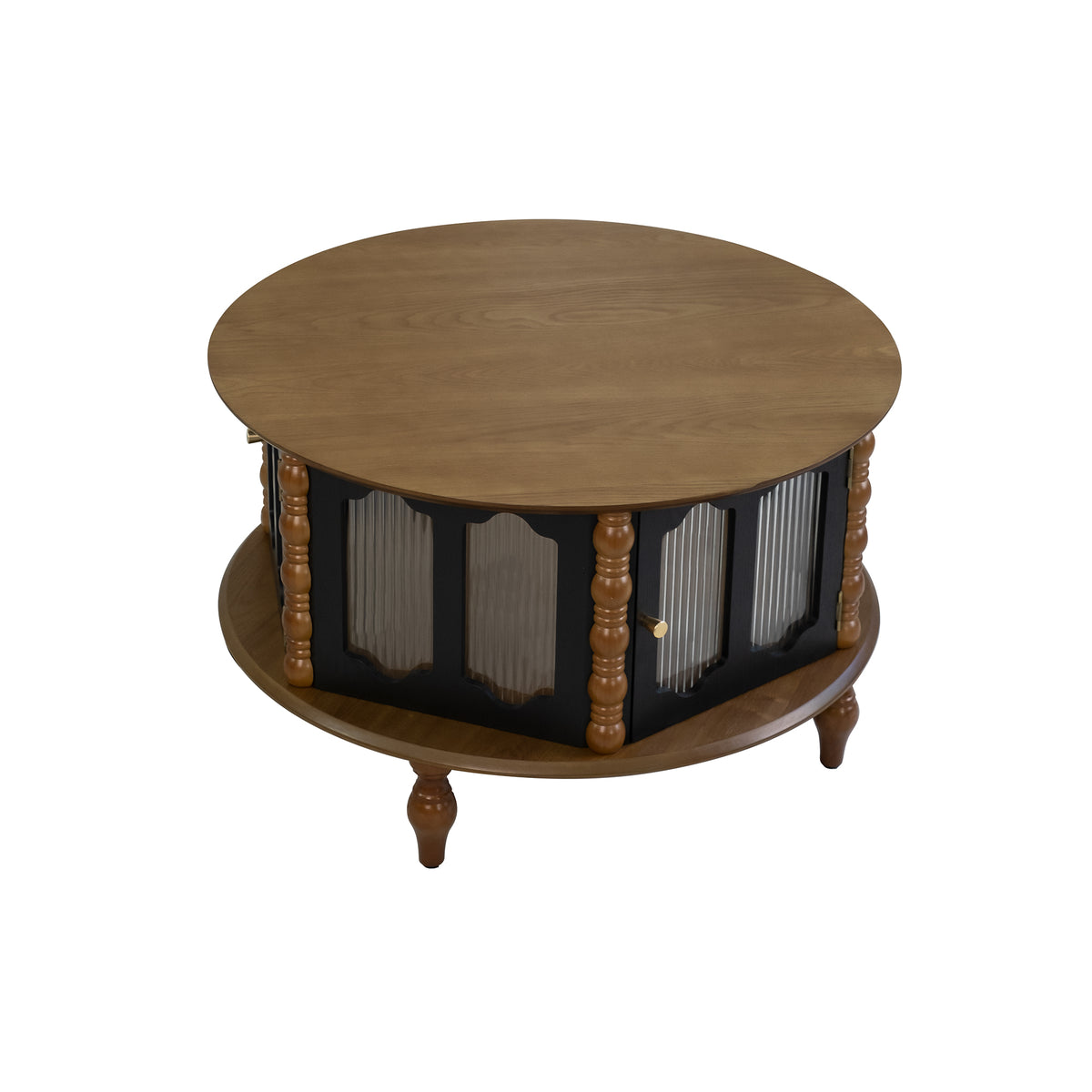 Walnut and Black Round Spindle Coffee Table with Storage, 31.5 in