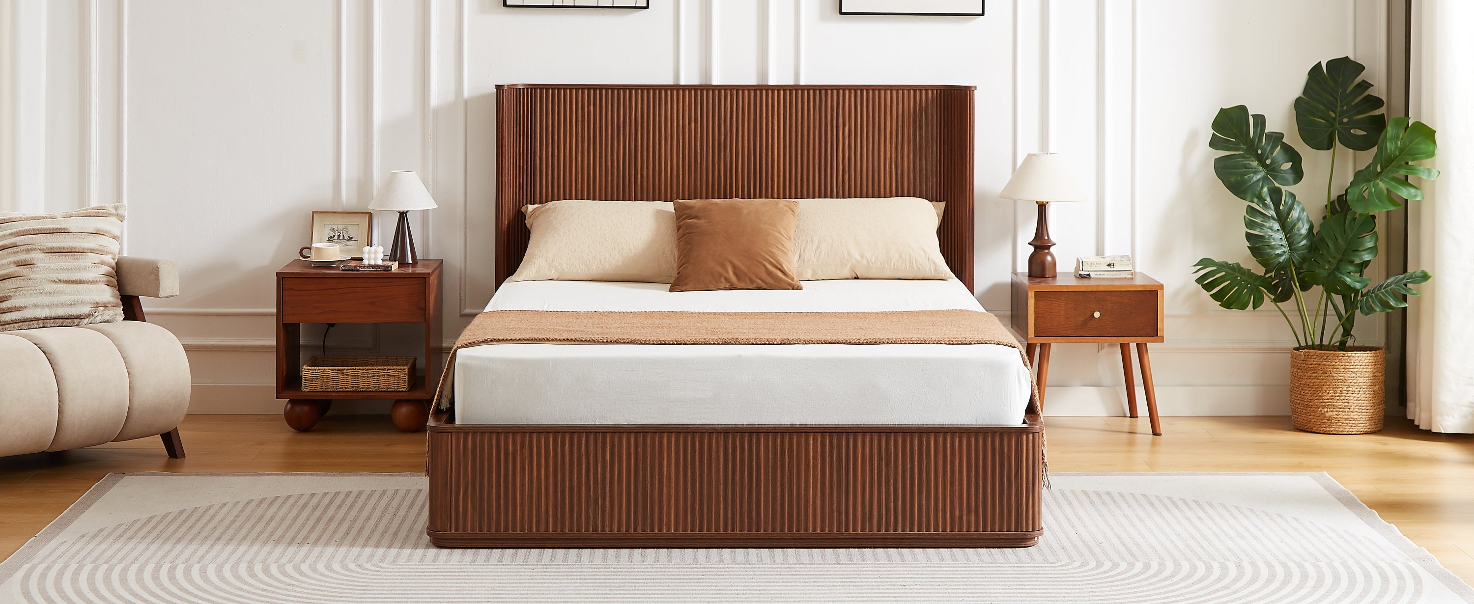 Wide styled shot of the walnut fluted queen bed frame between two nightstands, also offered in natural oak #Color_Walnut