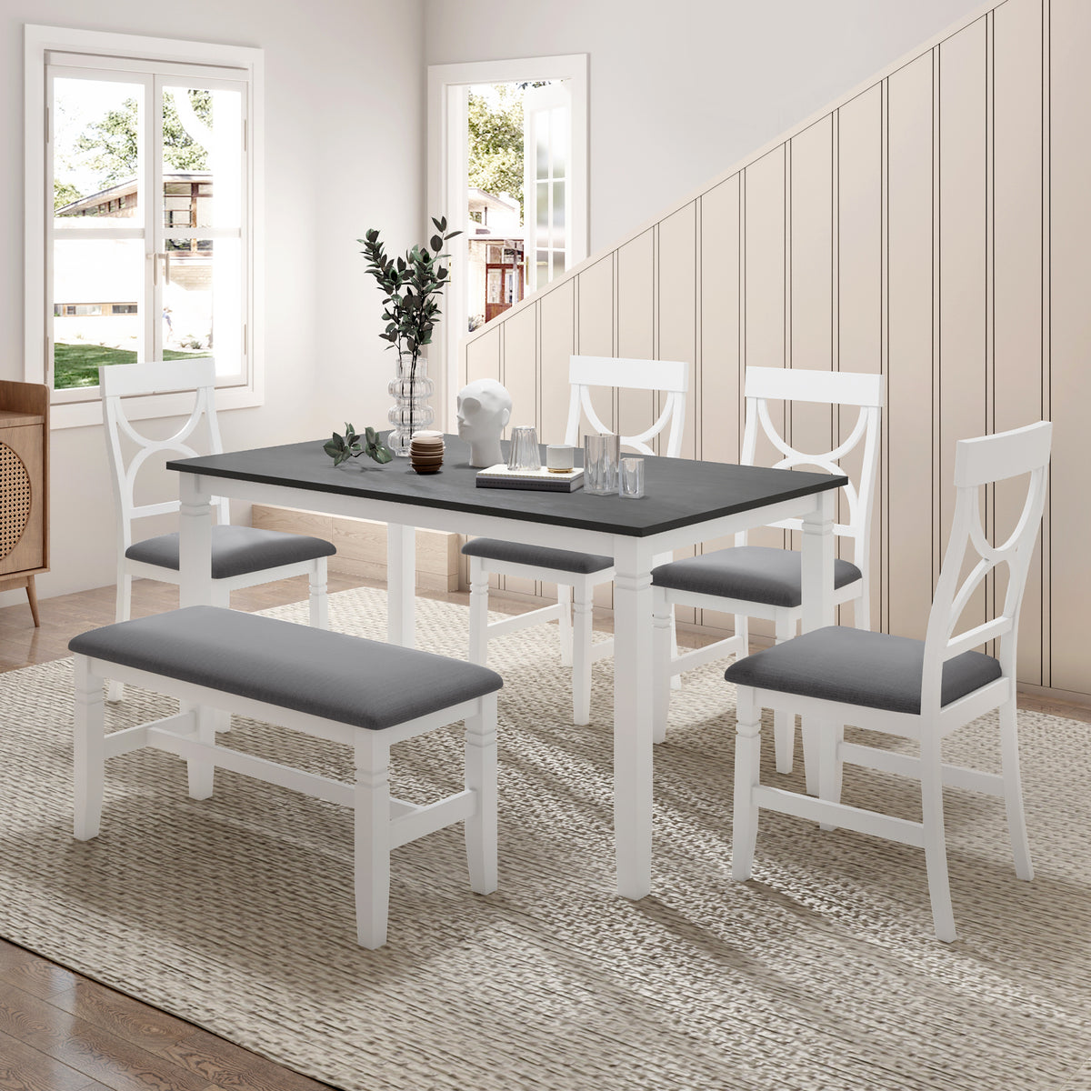 6-Piece Farmhouse Dining Set, White & Gray, 4 Chairs and Bench