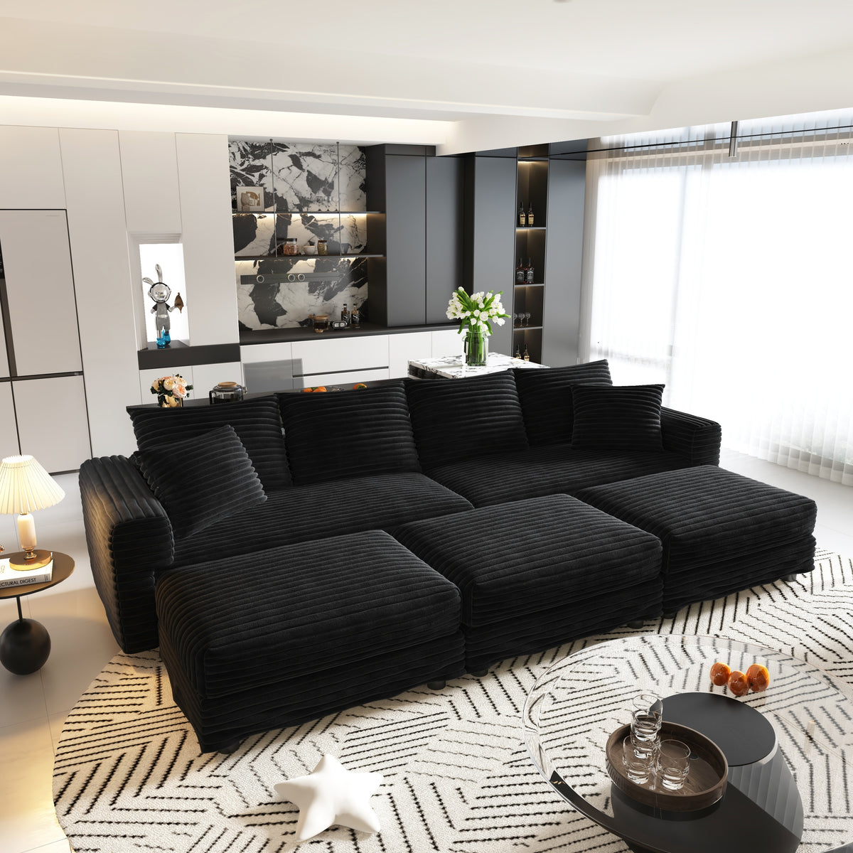 Black Corduroy 4-Seat Couch with 3 Ottomans, 102.4 in Wide
