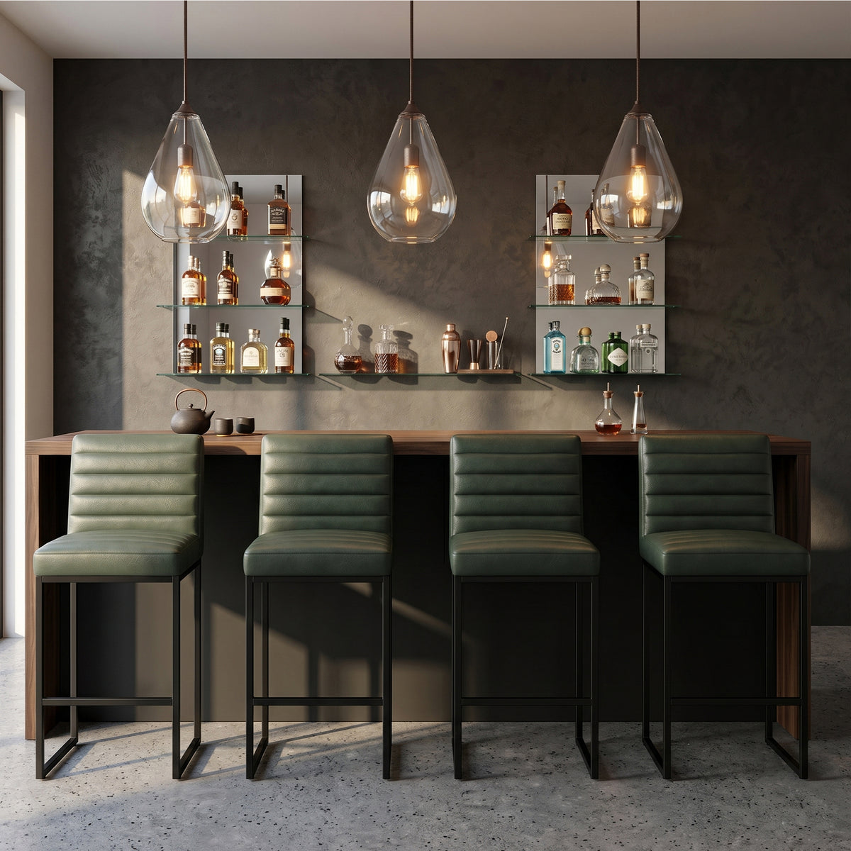 Modern Counter Stool Set of 4, Green Vegan Leather, Metal Legs