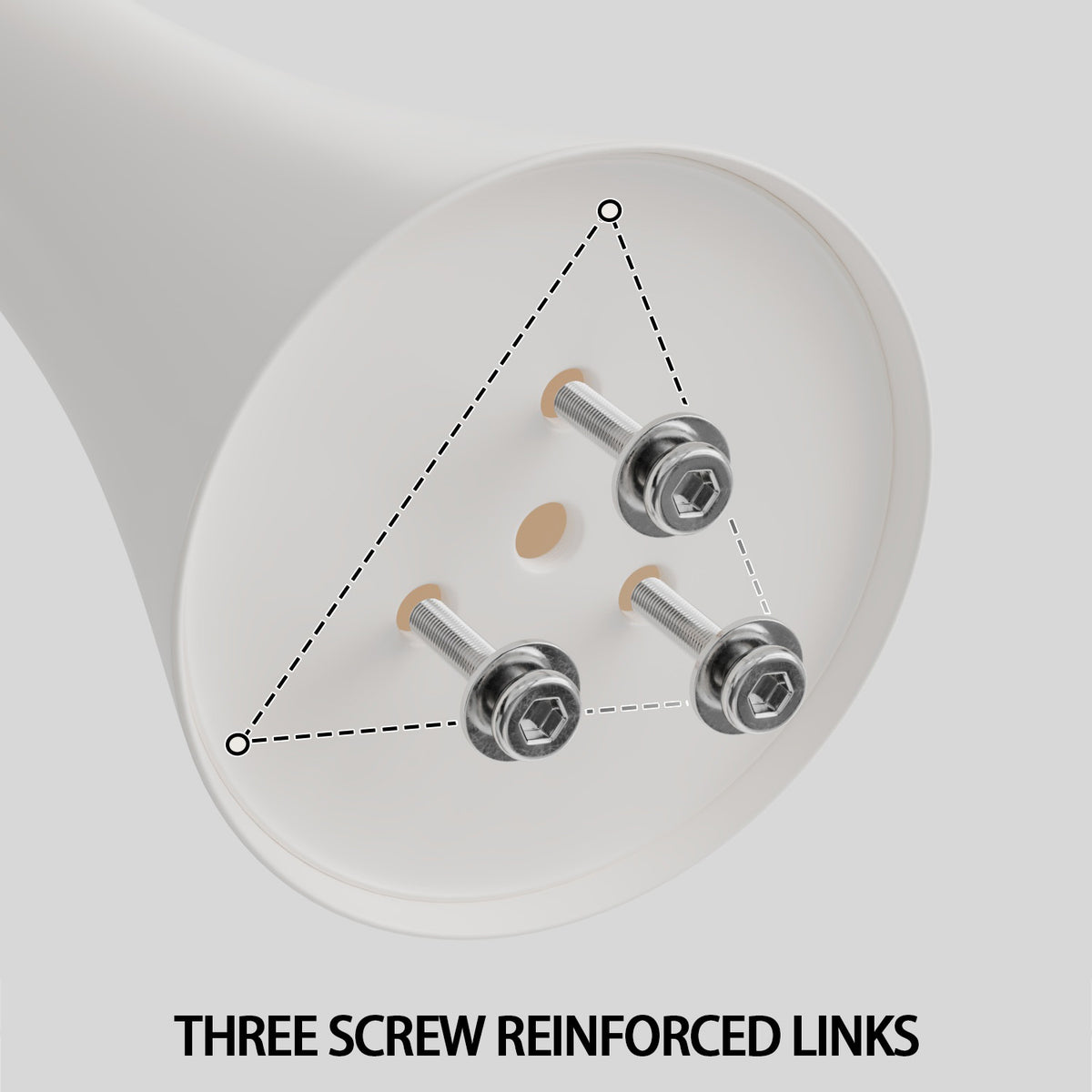 Close-up of the tulip table base underside showing three screw-reinforced links