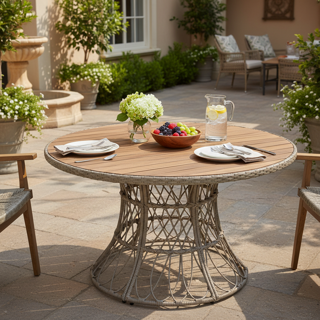 Brown Round Outdoor Dining Table, 47.2 in Wide