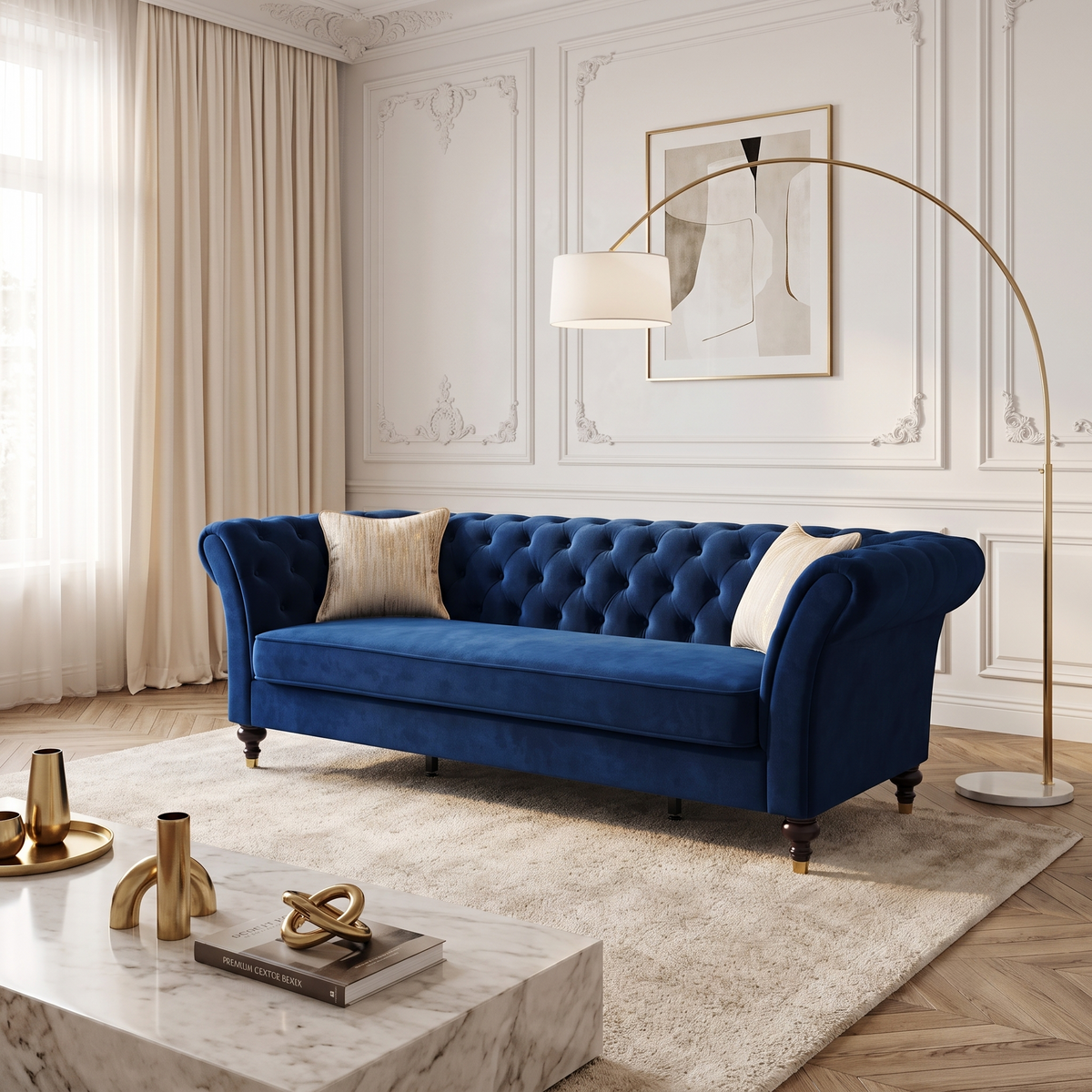 Blue Velvet 3-Seat Tufted Chesterfield Sofa