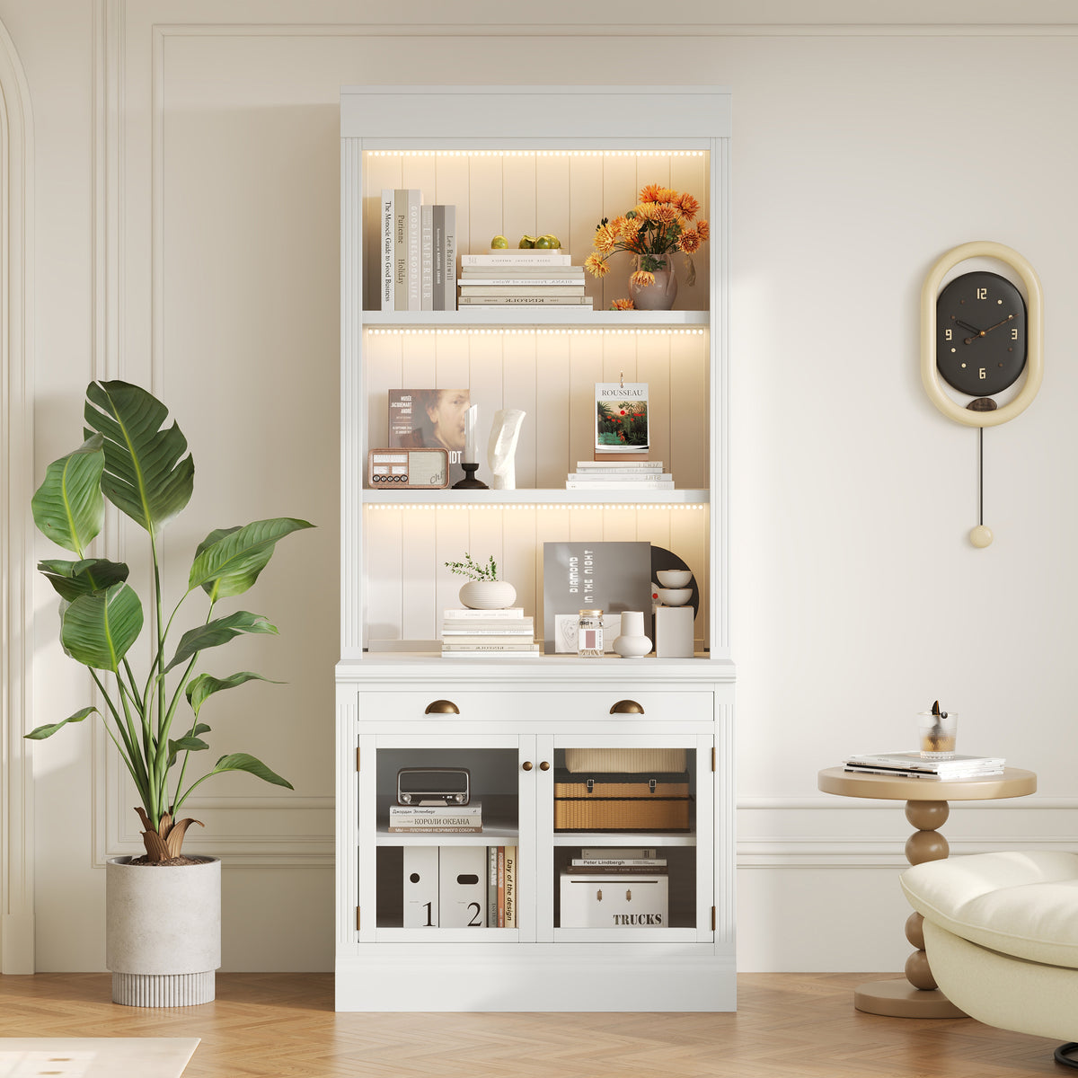 Modern Bookcase, Glass Doors, 1 Drawer, LED Lighting, 83.4 in Tall, 35.8 in Wide