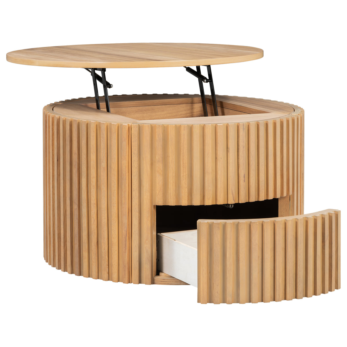 Natural Fluted Round Drum Lift-Top Coffee Table with Drawer, 29.8 in