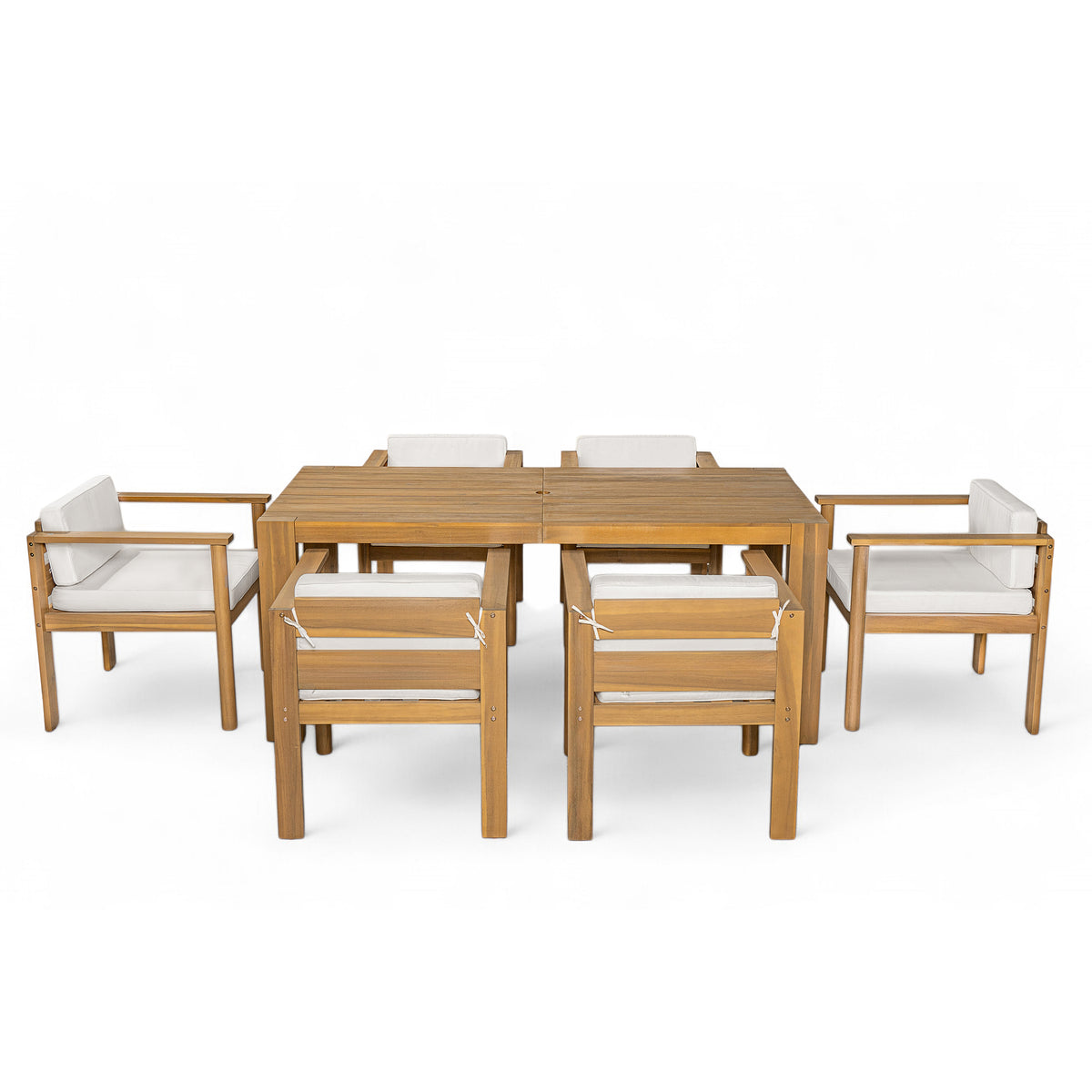 Teak Finish Solid Wood 7-Piece Patio Dining Set for 6 with Beige Cushions