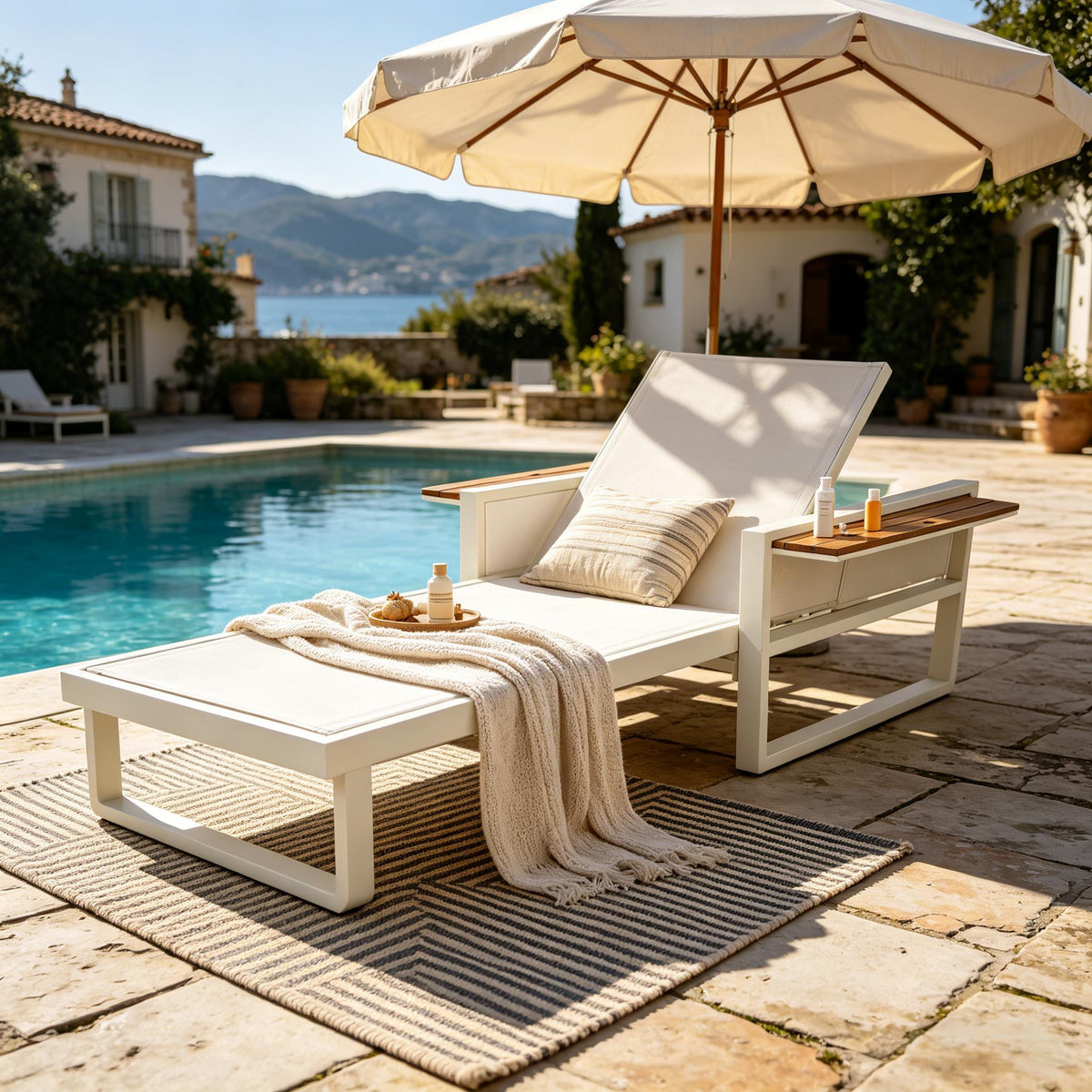 White Metal Adjustable Outdoor Chaise Lounge, Teak Armrests