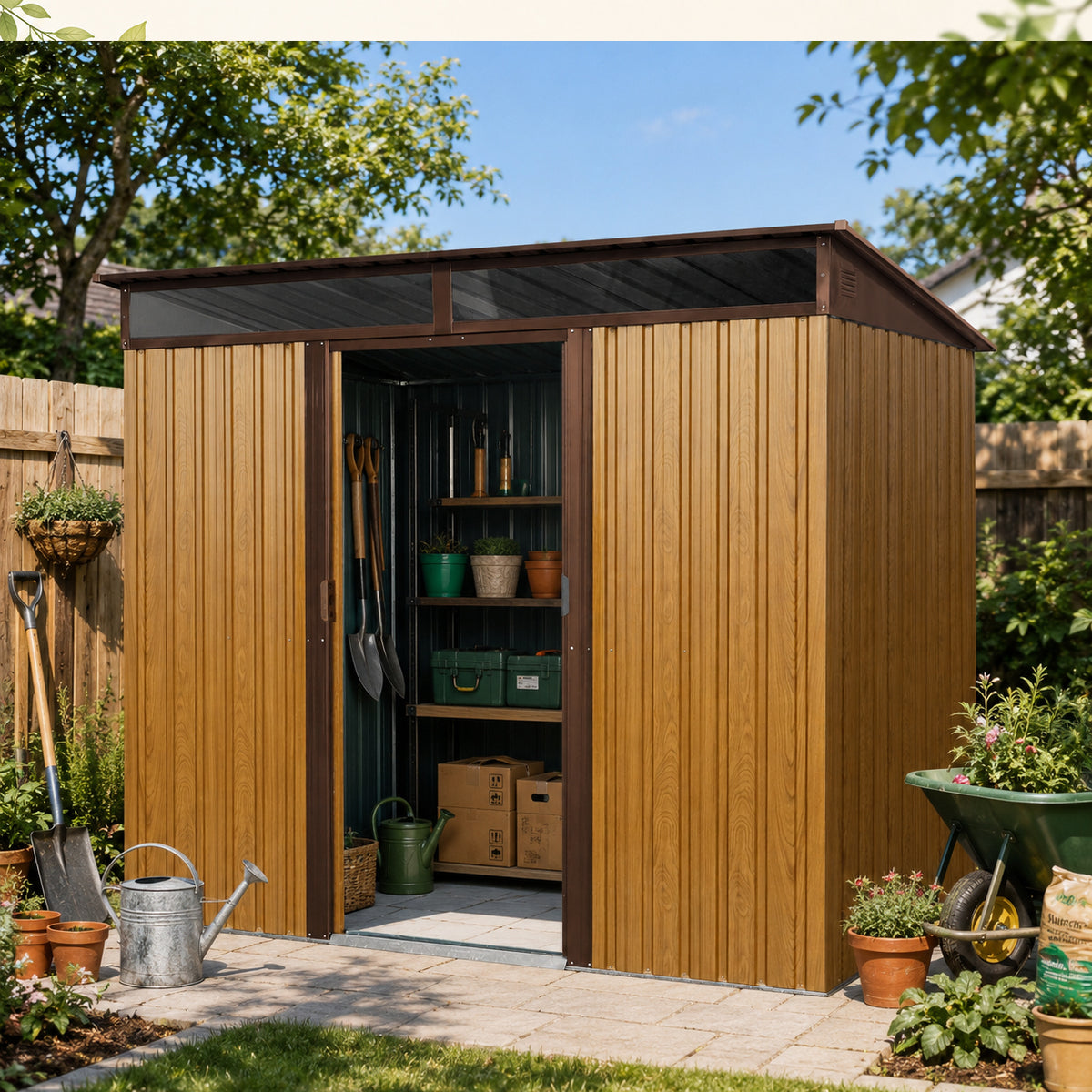 6x8 ft Brown Metal Storage Shed with Lockable Doors