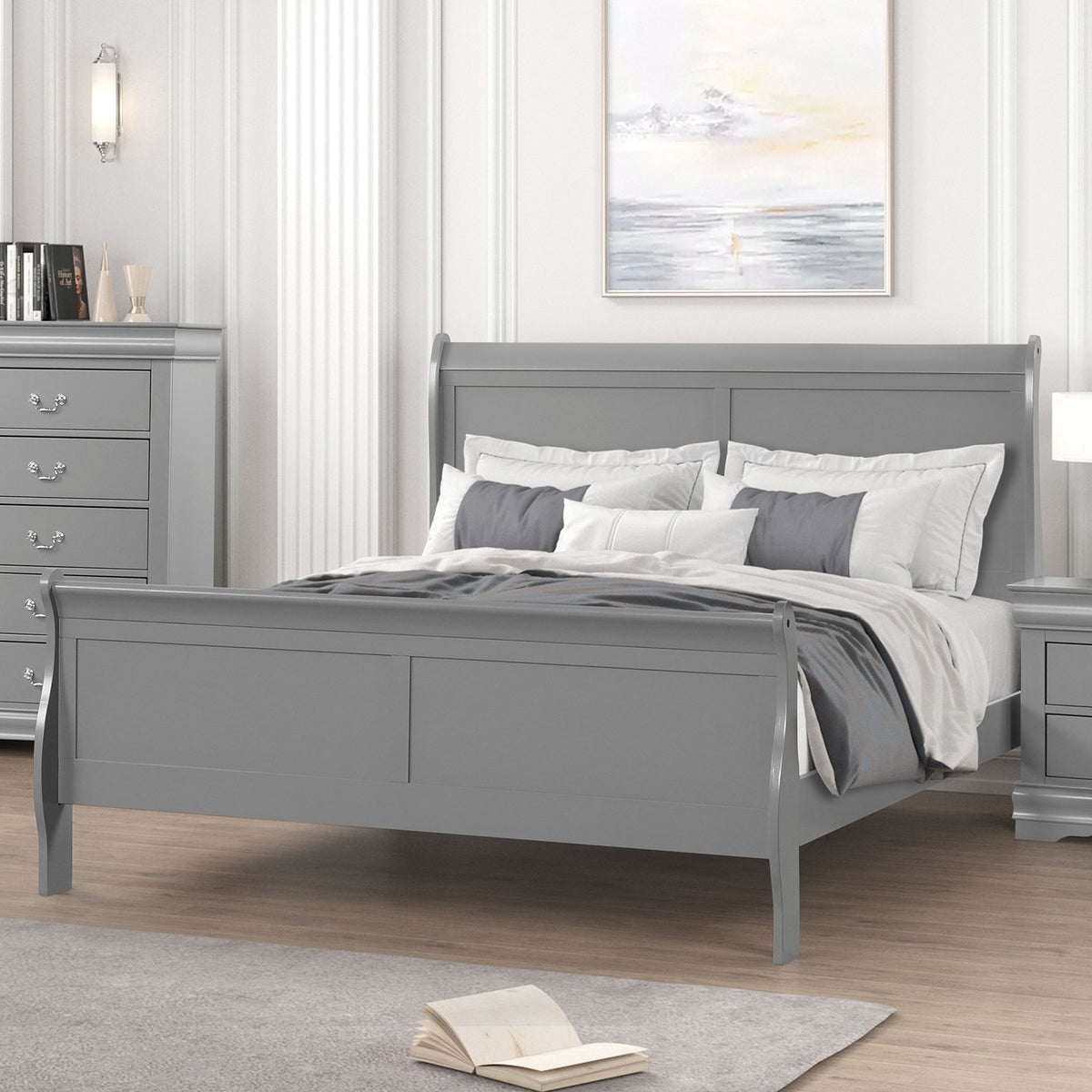 Gray Queen Sleigh Bed, Solid Wood with Drawer Storage