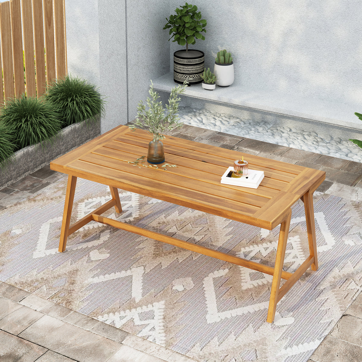 Teak Finish Solid Wood Outdoor Dining Table, 70.8 in Wide