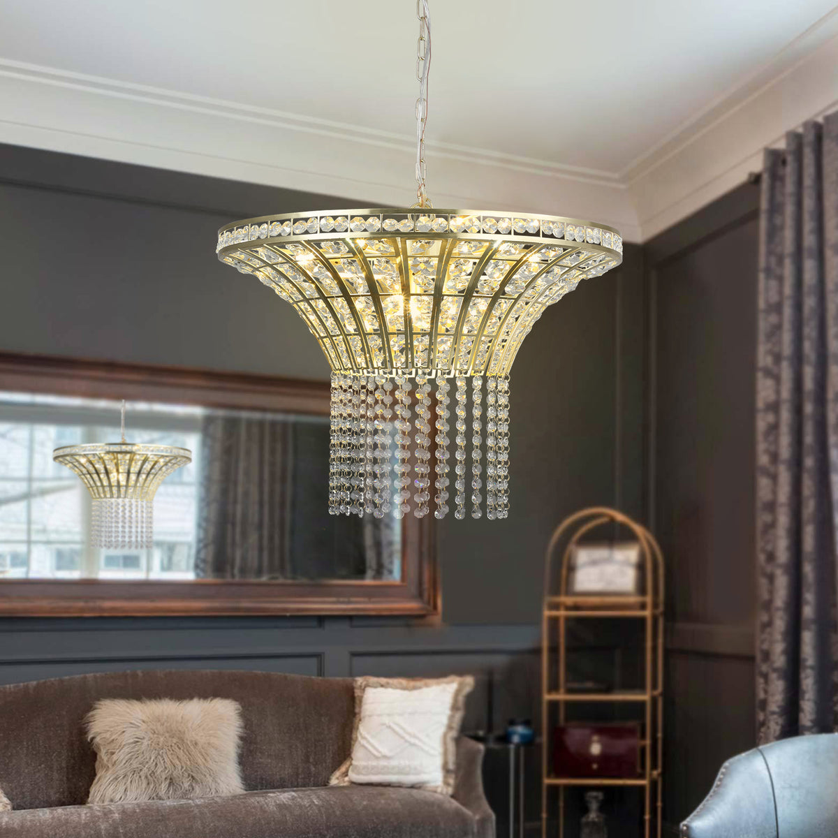 Chandelier, Round Crystal, 8-Light Dimmable, Gold