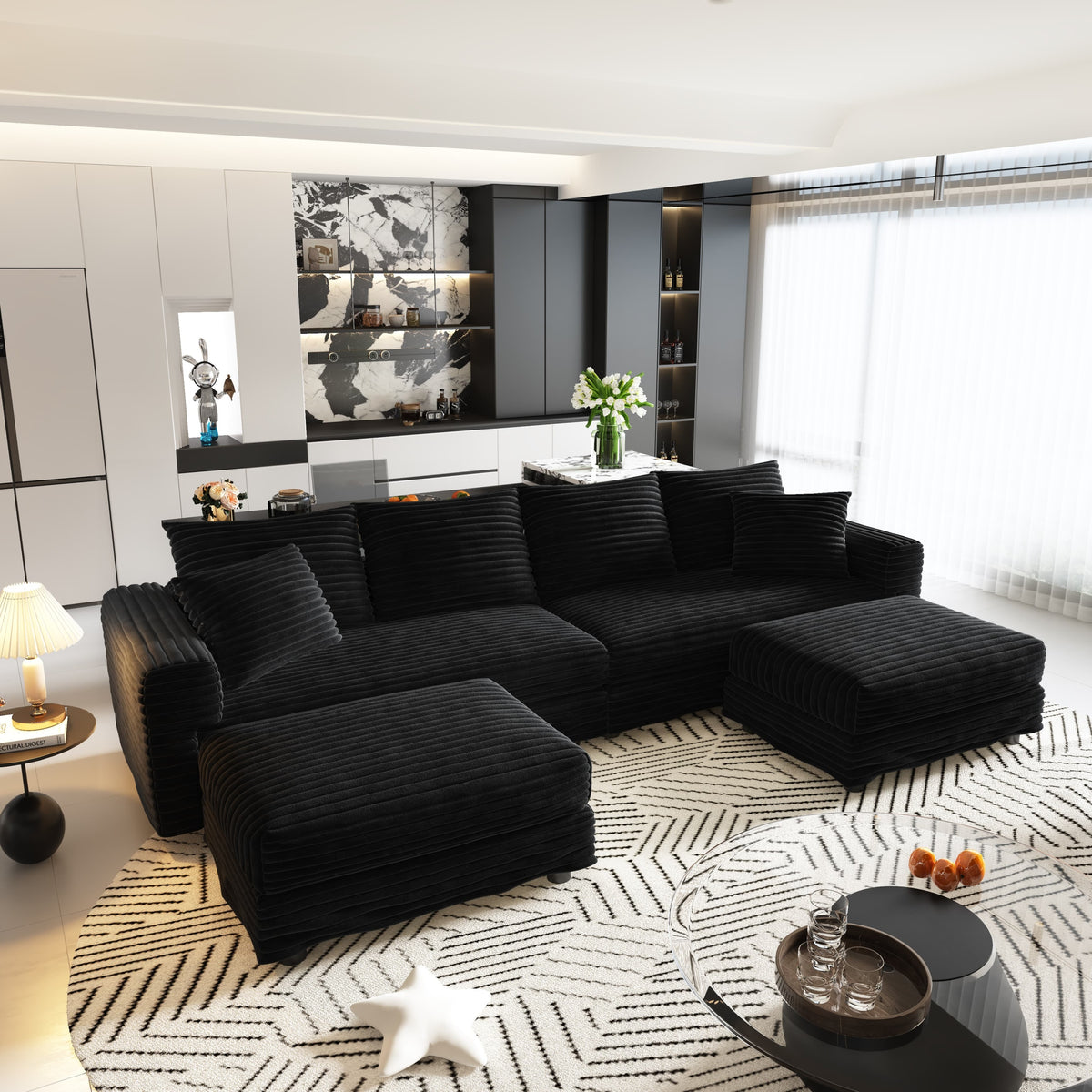 Black Corduroy 4-Seat Couch with 2 Ottomans, 102.4 in Wide