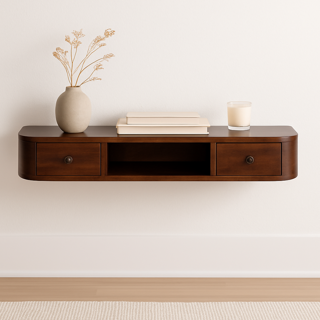 Floating Solid Mango Desk, 2 Drawers, 43.3 in, Brown