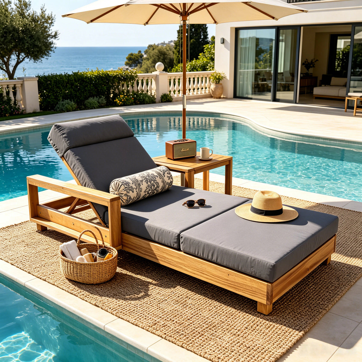 Natural Solid Wood Outdoor Chaise Lounge, Dark Gray Cushion, 4-Fold Cushion