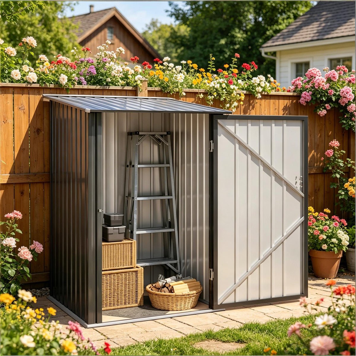 Dark Gray Metal Storage Shed with Lockable Doors
