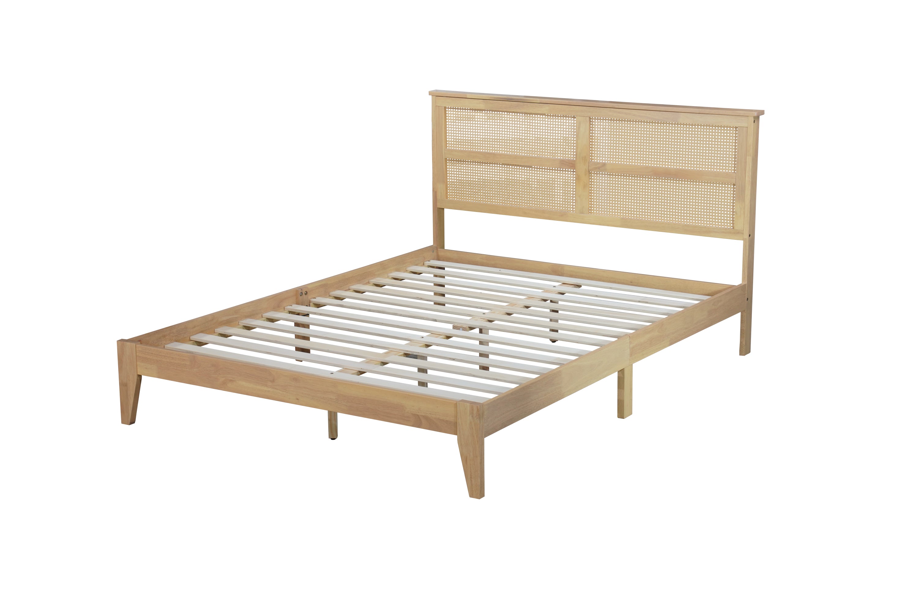 Angled view of the bare rubberwood queen bed frame with woven rattan headboard and wood slats