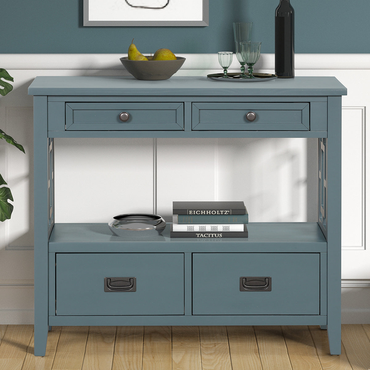 Blue Entryway Console Table, 4 Drawers, 36 in Wide