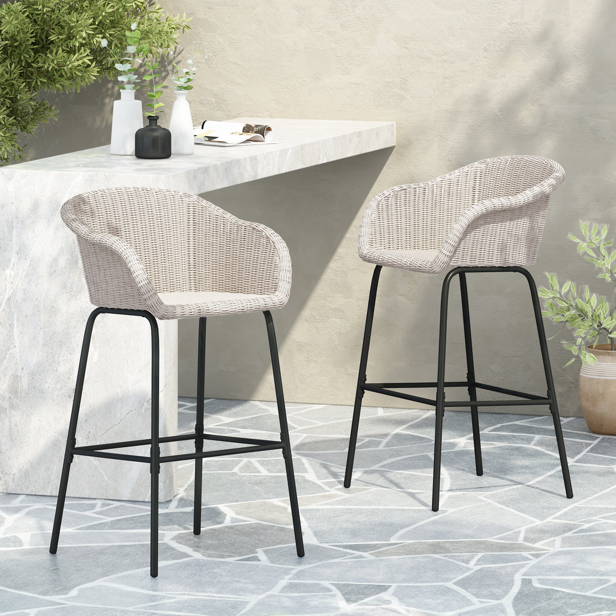Black Metal Outdoor Bar Stool, Set of 2, Gray Wicker, 29.5 in Seat