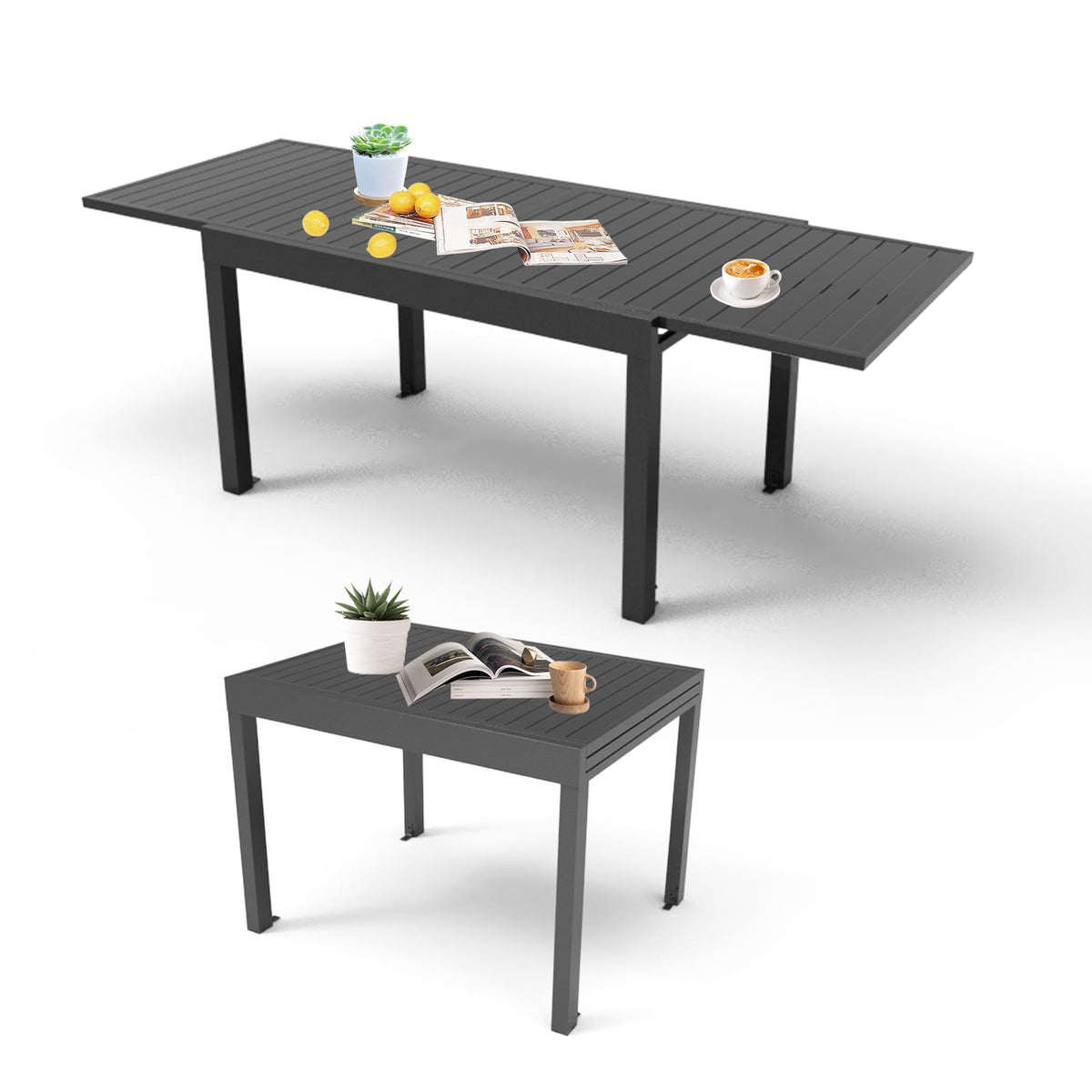 Dark Gray Aluminum Outdoor Dining Table Extendable, 70.8 in Wide